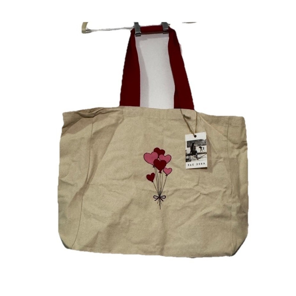 Rae Dunn Valentine's‎ Day Tote Bag NWT Canvas Floating Hearts Red Straps Large
